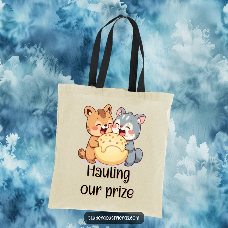 Funny tote bag featuring two cute animal characters happily sharing a giant, appetizing treat, symbolizing companionship.