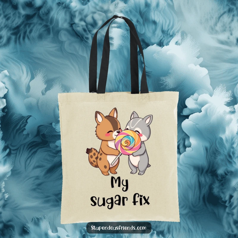 Funny tote bag illustrating two happy animal friends sharing a massive, rainbow-colored lollipop, perfect for stylishly carrying everyday items.