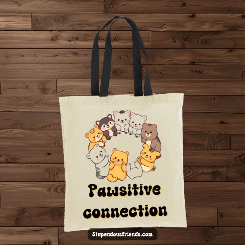 Funny tote bag featuring a circle of diverse animal characters holding paws, symbolizing unity and shared happiness.