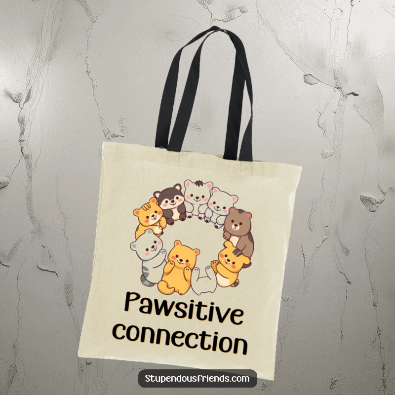Funny tote bag featuring a circle of diverse animal characters holding paws, symbolizing unity and shared happiness.