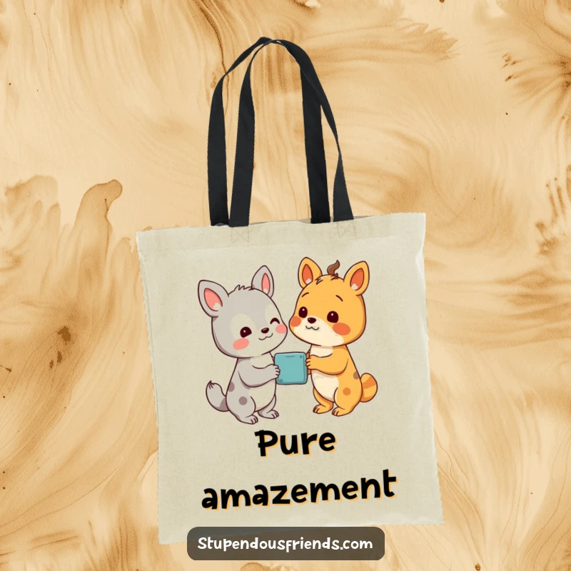 Funny tote bag with two animal characters looking with delight at a wondrous discovery, symbolizing shared excitement.