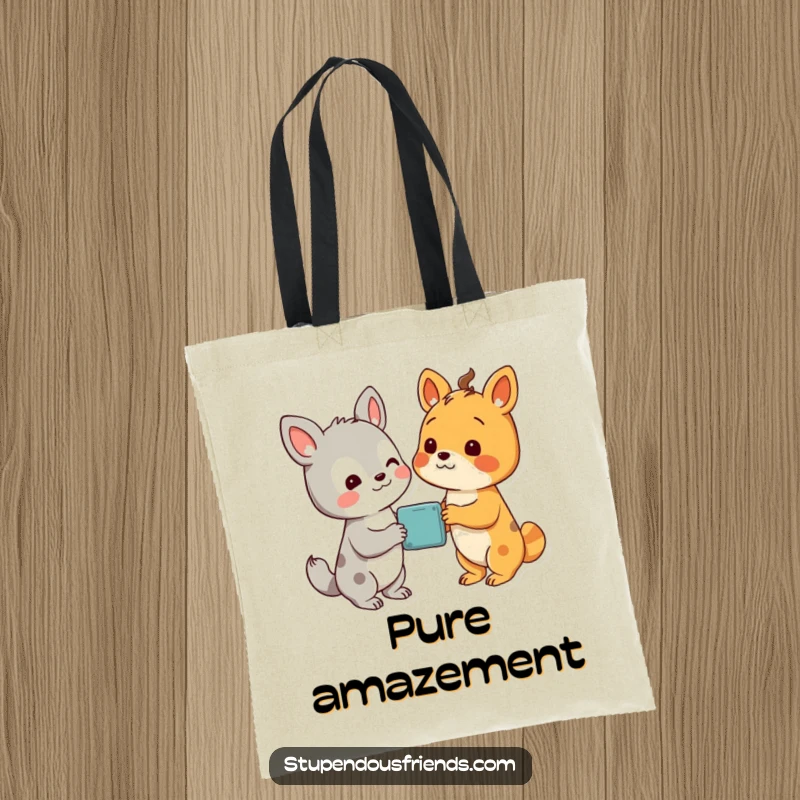 Funny tote bag with two animal characters looking with delight at a wondrous discovery, symbolizing shared excitement.