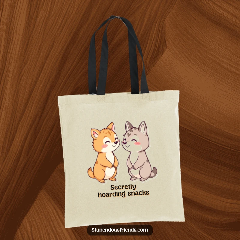 Funny tote bag with a design of animals exchanging secrets with conspiratorial grins, perfect for everyday use.