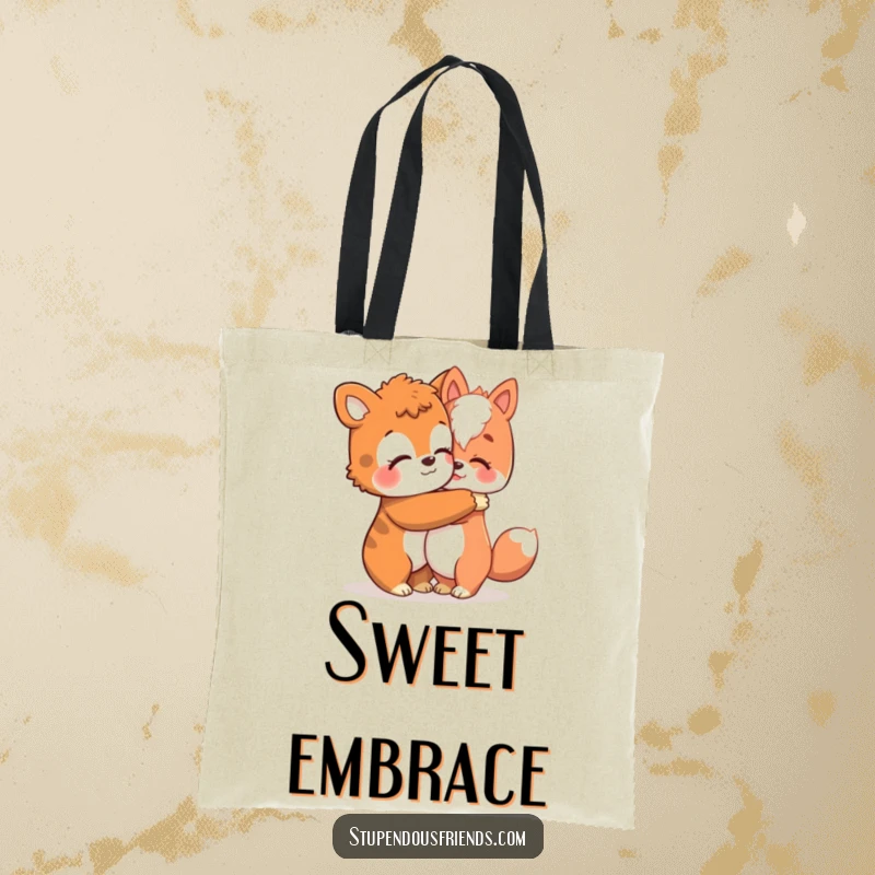 Funny tote bag with an animal character giving a warm hug, symbolizing comfort, friendship, and emotional support.