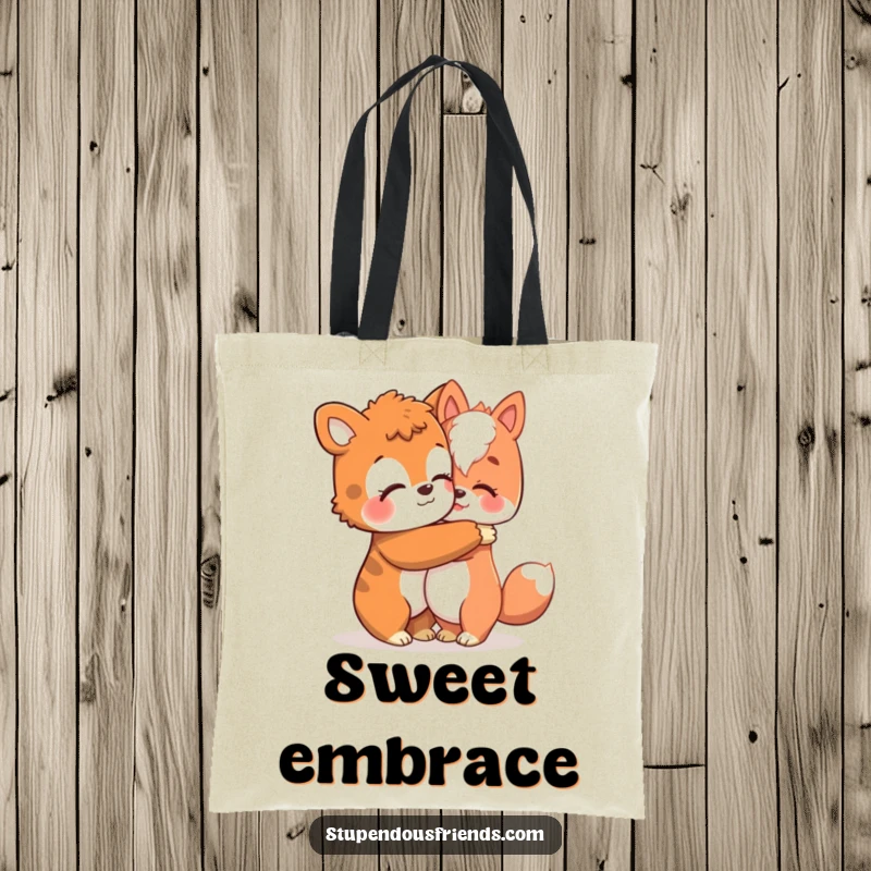 Funny tote bag with an animal character giving a warm hug, symbolizing comfort, friendship, and emotional support.