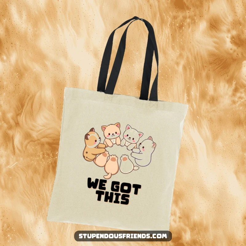 Funny tote bag showing a group of adorable animal characters connected paw-in-paw in a perfect circle, symbolizing unity and friendship.